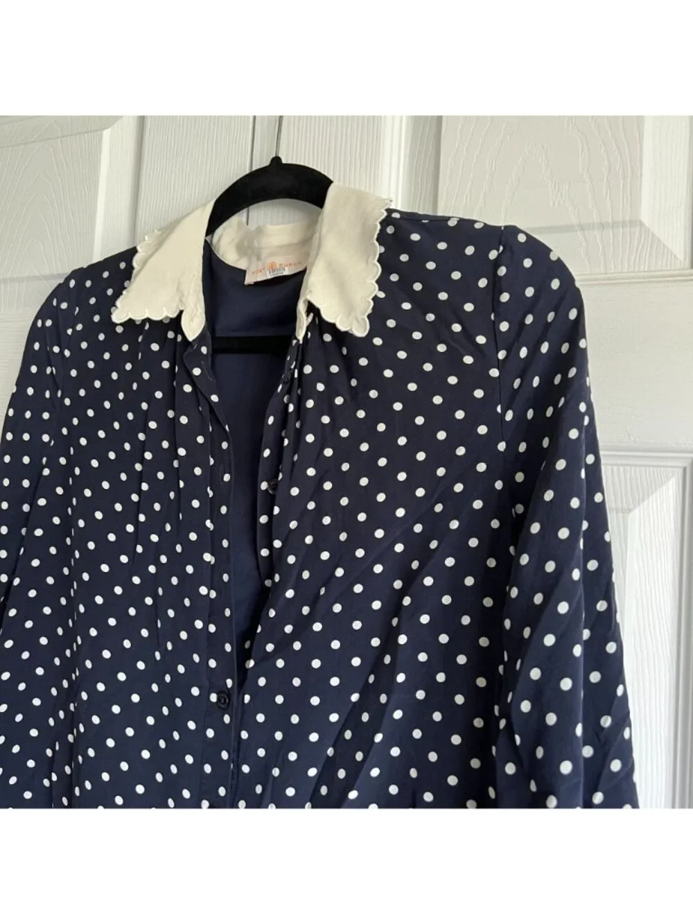 Tory Burch Cora Navy Blue White Polka Dot Silk Shirt Dress Women's Size 8